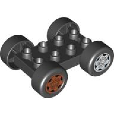 black duplo car base 2 x 4 with black tires and dark orange sport and light bluish gray sport wheels pattern 88760 88762c01pb03 88762c01pb04