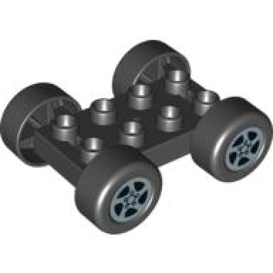 black duplo car base 2 x 4 with black tires and silver spinner wheels pattern 88760 88762c01pb05
