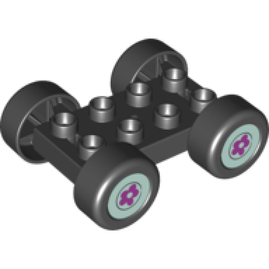 black duplo car base 2 x 4 with black tires and light aqua hub with flower wheels pattern 88760 88762c01pb07