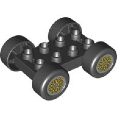black duplo car base 2 x 4 with black tires and yellow y spoke wheels pattern 88760 88762c01pb08