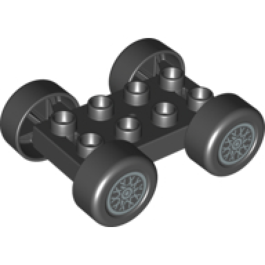 black duplo car base 2 x 4 with black tires and silver x spoke wheels pattern 88760 88762c01pb09