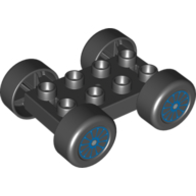 black duplo car base 2 x 4 with black tires and blue spokes wheels pattern 88760 88762c01pb11