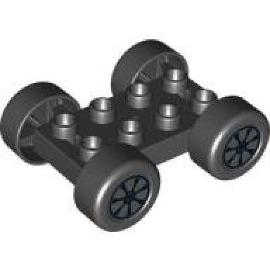 black duplo car base 2 x 4 with black tires and 7 black spokes and silver hubcap wheels pattern 88760 88762c01pb12