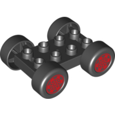 black duplo car base 2 x 4 with black tires and red sport wheels pattern 88760 88762c01pb13