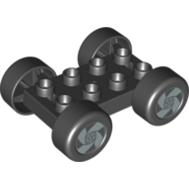 black duplo car base 2 x 4 with black tires and silver 4 spoke spinner wheels pattern 88760 88762c01pb15