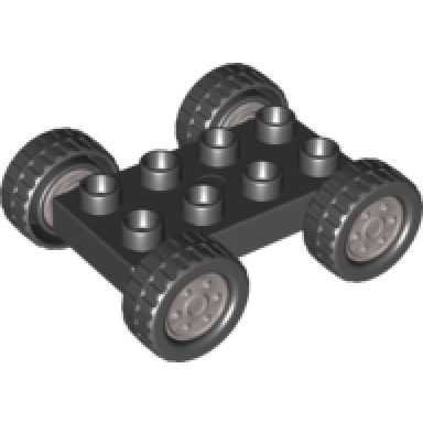 black duplo car base 2 x 4 with black tires with tread with metallic silver classic wheels pattern 88760 88762c02pb02