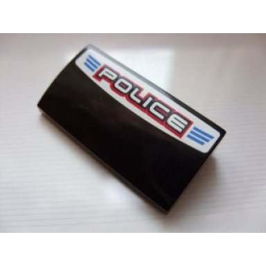 black slope curved 2 x 4 x 2 3 with bottom tubes with police red outline and blue lines pattern sticker - set 8301