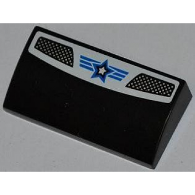black slope curved 2 x 4 x 2 3 with bottom tubes with double vent grille blue lines and white star with blue outline pattern sticker - set 8301