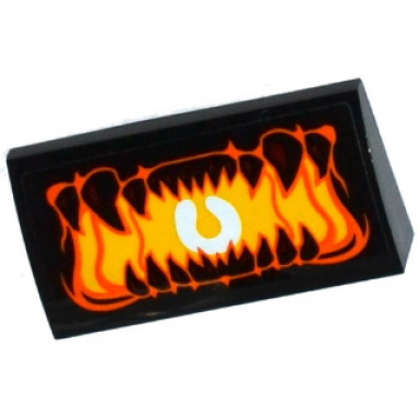 black slope curved 2 x 4 x 2 3 with bottom tubes with open mouth with pointed teeth and bright light orange uvula pattern sticker - set 70316