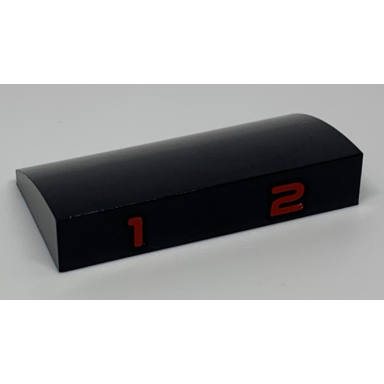 black slope curved 2 x 4 x 2 3 with bottom tubes with red number 1 and 2 pattern