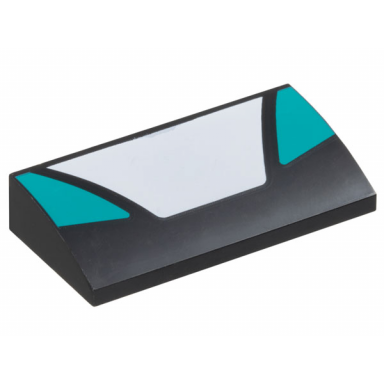 black slope curved 2 x 4 x 2 3 with bottom tubes with white trapezoidal panel in center and dark turquoise triangular panels on sides pattern