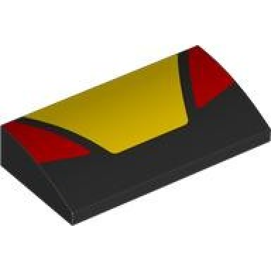 black slope curved 2 x 4 x 2 3 with bottom tubes with yellow trapezoidal panel in center and red triangular panels on sides pattern