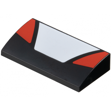 black slope curved 2 x 4 x 2 3 with bottom tubes with white trapezoidal panel in center and red triangular panels on sides pattern