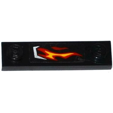 black plate modified 1 x 4 with 2 studs without groove with silver vent and red and yellow flame on transparent background pattern model left side sticker - set 70222