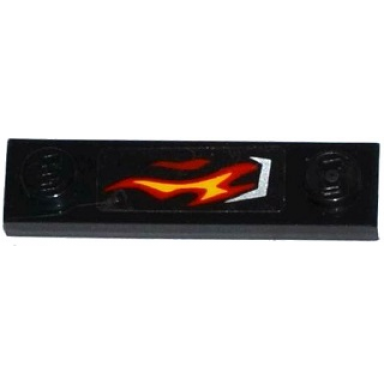 black plate modified 1 x 4 with 2 studs without groove with silver vent and red and yellow flame on transparent background pattern model right side sticker - set 70222