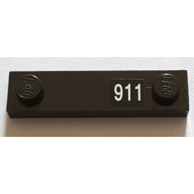 black plate modified 1 x 4 with 2 studs without groove with white 911 pattern on right sticker - set 71016