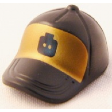 black minifigure headgear cap - short curved bill with seams and button on top with minifigure head silhouette on gold background pattern