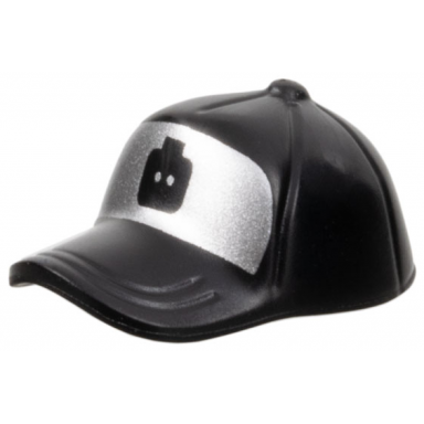 black minifigure headgear cap - short curved bill with seams and button on top with minifigure head silhouette on silver background pattern