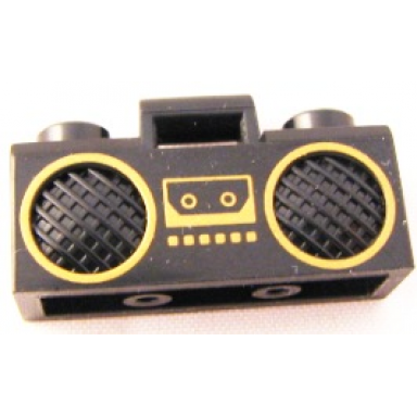 black minifigure utensil radio boom box with bar handle with gold cassette player buttons and rimmed speakers pattern