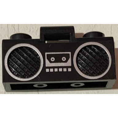 black minifigure utensil radio boom box with bar handle with silver cassette player buttons and rimmed speakers pattern