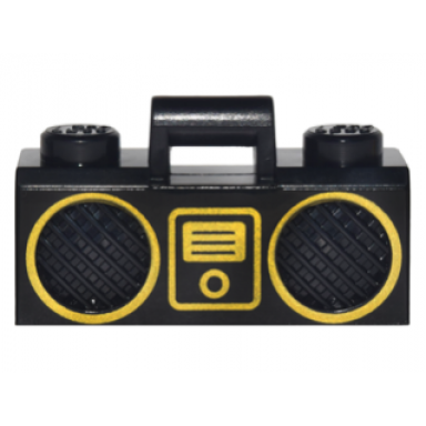 black minifigure utensil radio boom box with bar handle with gold digital music player and rimmed speakers pattern