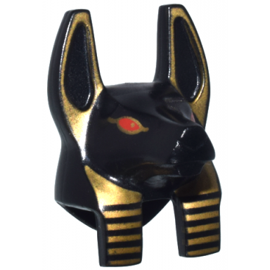 black minifigure head modified anubis guard head with gold markings and red eyes pattern