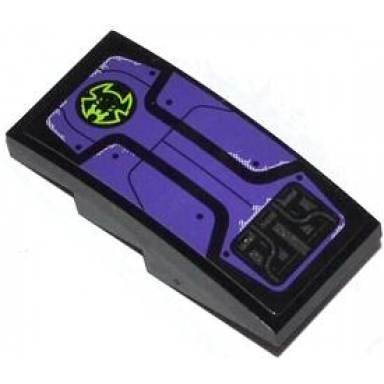 black slope curved 4 x 2 with lime bat head in black circle dark purple panels and bolts pattern sticker - set 70128