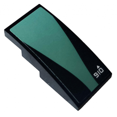 black slope curved 4 x 2 with white 910 and sand green stripe pattern sticker - set 70612