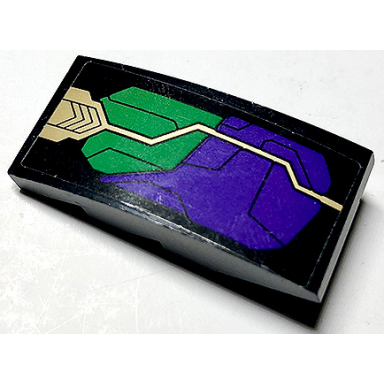 black slope curved 4 x 2 with dark purple and green armor plates and gold circuitry pattern model left side sticker - set 76097