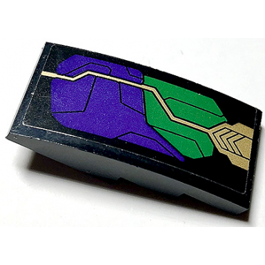 black slope curved 4 x 2 with dark purple and green armor plates and gold circuitry pattern model right side sticker - set 76097