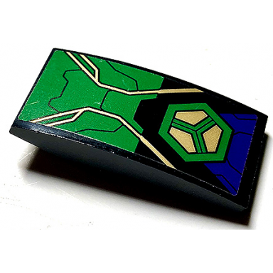 black slope curved 4 x 2 with dark purple and green armor plates and hexagon and gold circuitry pattern sticker - set 76097