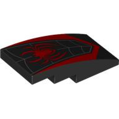 black slope curved 4 x 2 with red spider and dark bluish gray web pattern