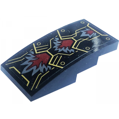 black slope curved 4 x 2 with armor plates with gold rivets and outlines dark bluish gray and dark red fur pattern sticker - set 71790