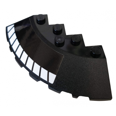 black brick round corner 6 x 6 with slope 33 edge facet cutout with white stripes pattern model left side sticker - set 76100