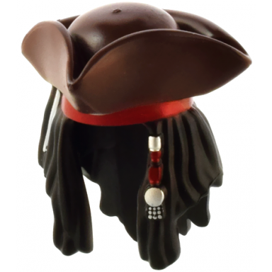 black minifigure hair combo hair with hat dreadlocks with beads dark red bandana pattern and pirate tricorne triangle