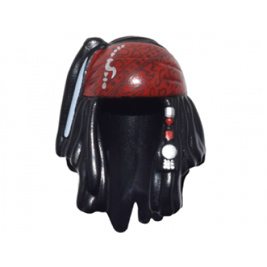 black minifigure hair dreadlocks with beads and dark red brocade bandana pattern