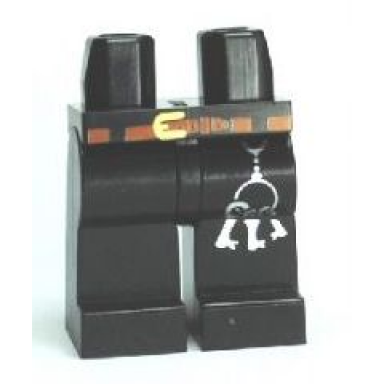 black hips and legs with silver keys and brown belt with gold buckle pattern