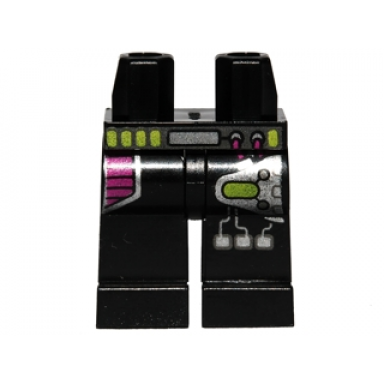 black hips and legs with dark pink leg protection and silver machinery pattern