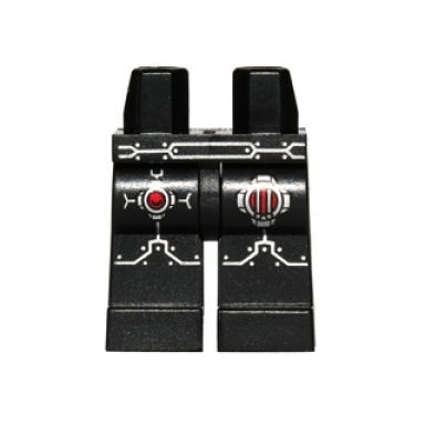 black hips and legs with robot armor with silver and red pattern
