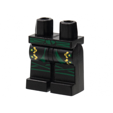 black hips and legs with dark green sash knee wrappings and straps with gold buckles pattern