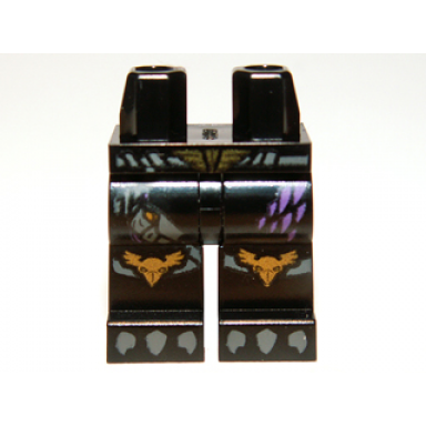 black hips and legs with gold belt buckle and raven knee pads dark purple feathers and dark bluish gray talons pattern