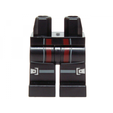 black hips and legs with dark red panels and gray and silver knee straps with buckles pattern