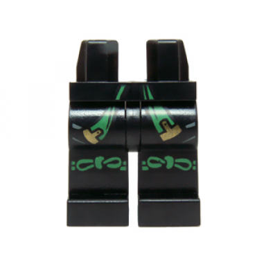 black hips and legs with green and gold sash and green knotted knee straps pattern