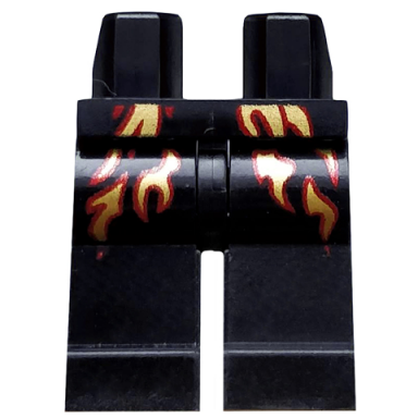black hips and legs with dark red and gold flames pattern