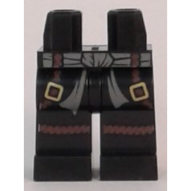 black hips and legs with dark bluish gray sash and dark brown belts with gold buckles and dark brown rope knee wrappings pattern