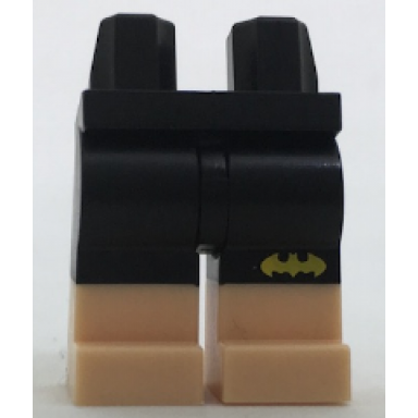 black hips and legs with yellow batman logo on black shorts and light nougat lower legs pattern
