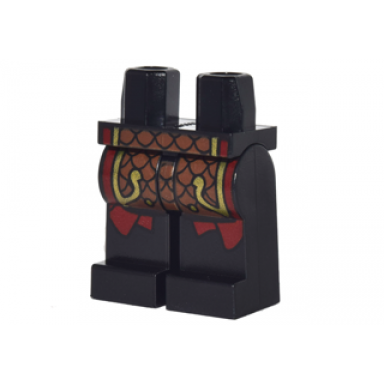 black hips and legs with reddish brown and gold scaled armor over dark red robe pattern