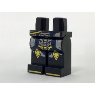 black hips and legs with silver and dark blue armor gold knee and toe armor pattern