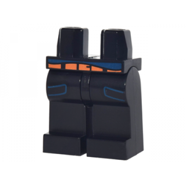 black hips and legs with dark blue pockets and shirt tail and orange belt pattern