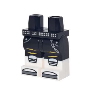 black hips and legs with pockets silver chain and belt yellow lightning knee pads and white boots with dark bluish gray tips pattern